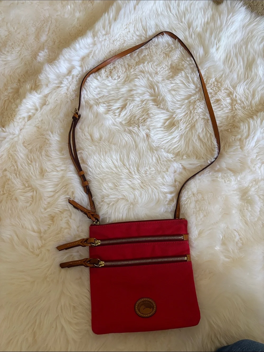 Dooney & Bourke Red Crossbody with Tan Leather Trim